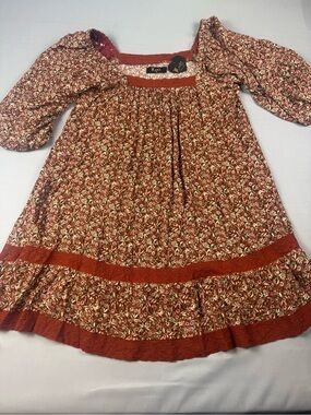 NEW Meritt Floral Cottagecore Peasant Dress Large Rust Puff Sleeve